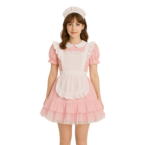 Fondcosplay Lockable Sissy Maid Crossdressing Pink Cotton Short Dress with White Apron [G4095]