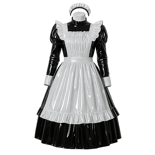 Fondcosplay Lockable Sissy Maid Crossdressing Black and White Thin PVC Long Dress with Apron [G4097]