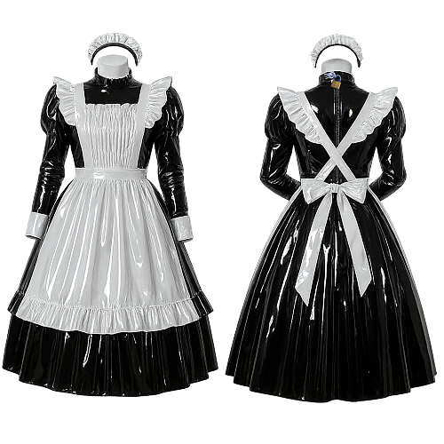 Fondcosplay Lockable Sissy Maid Crossdressing Black and White Thin PVC Long Dress with Apron [G4097]
