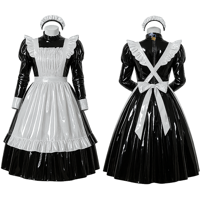 Fondcosplay Lockable Sissy Maid Crossdressing Black and White Thin PVC Long Dress with Apron [G4097]
