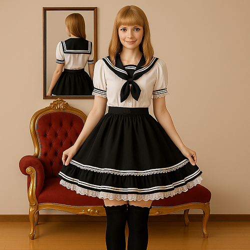 Handmade Cotton School Uniform Black & White Sailor Shirt and Skirt Set [G4100]
