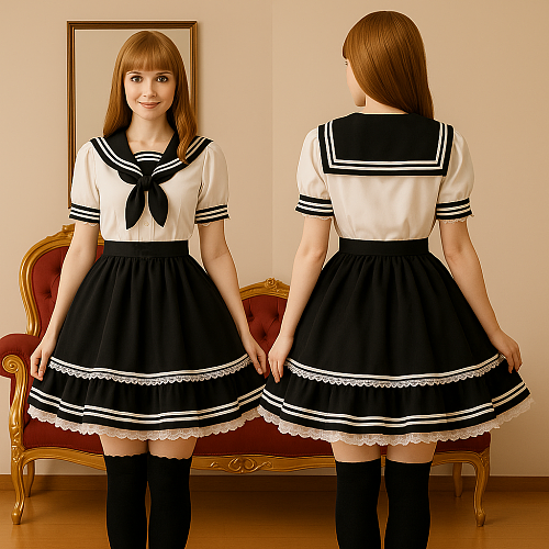 Handmade Cotton School Uniform Black & White Sailor Shirt and Skirt Set [G4100]