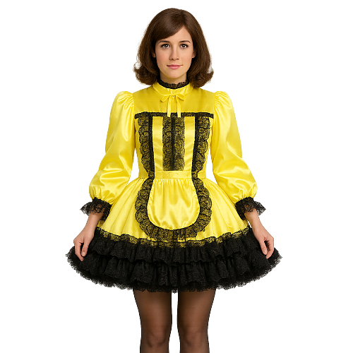 Fondcosplay Lockable Sissy Maid Crossdressing Yellow Satin Short Dress with Black Lace [G4101]