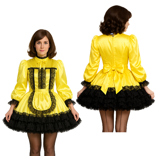 Fondcosplay Lockable Sissy Maid Crossdressing Yellow Satin Short Dress with Black Lace [G4101]