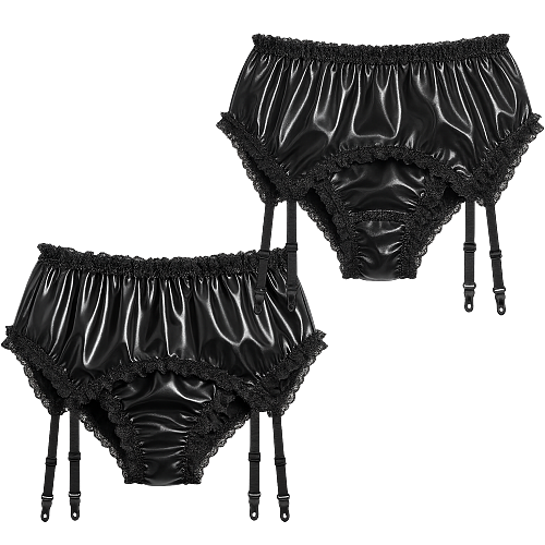 Fondcosplay Sissy Maid Crossdressing Black Thin PVC Garter Panties with Lace [G4102]
