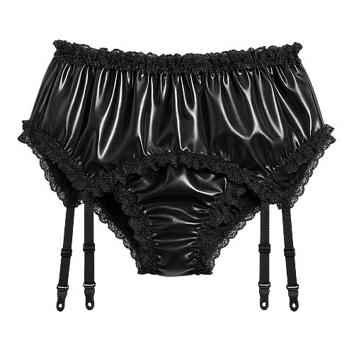Fondcosplay Sissy Maid Crossdressing Black Thin PVC Garter Panties with Lace [G4102]