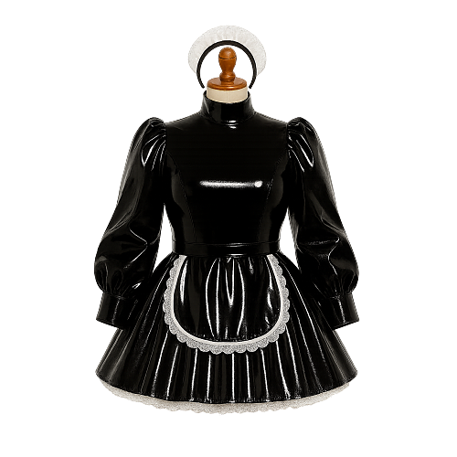 Fondcosplay Lockable Sissy Maid Crossdressing Black Heavy PVC Short Dress with Apron [G4104]
