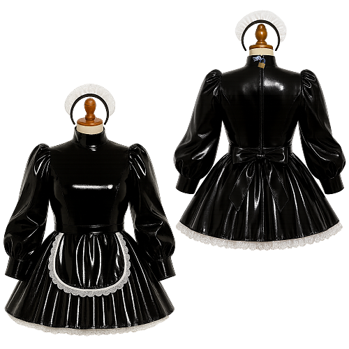Fondcosplay Lockable Sissy Maid Crossdressing Black Heavy PVC Short Dress with Apron [G4104]