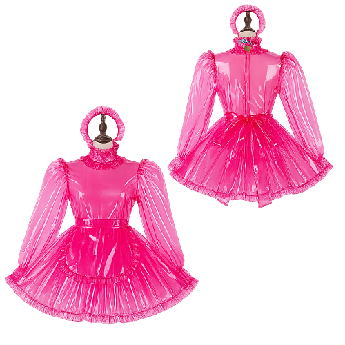 Fondcosplay Lockable Sissy Maid Crossdressing Hot Pink Clear PVC Short Dress with Headband [G4105]