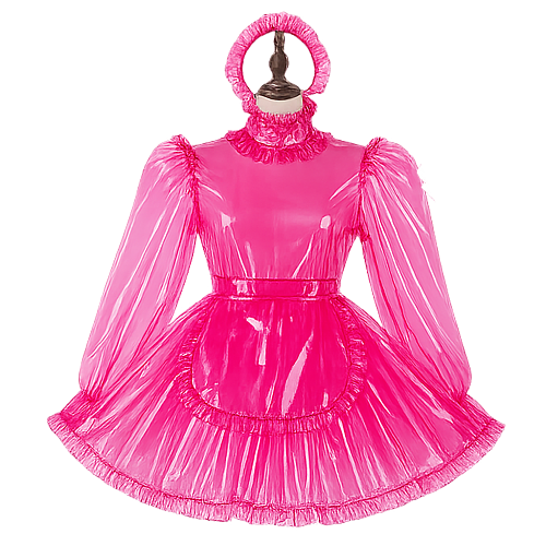 Fondcosplay Lockable Sissy Maid Crossdressing Hot Pink Clear PVC Short Dress with Headband [G4105]