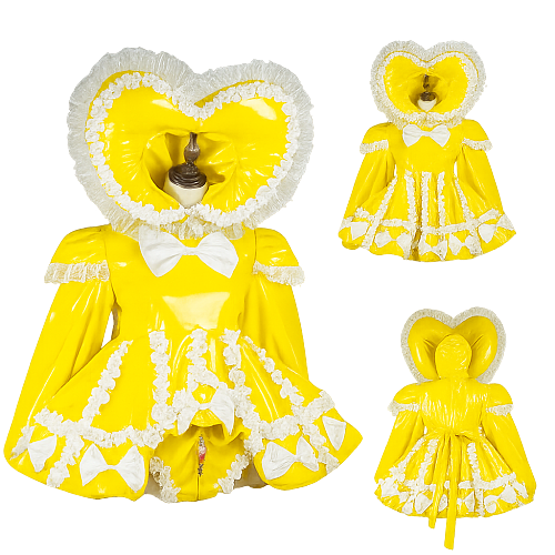 Fondcosplay Lockable Sissy Maid Crossdressing Yellow Thin PVC Hooded Heart Romper Dress [G4108]