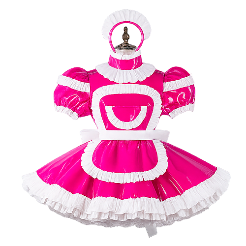 Fondcosplay Lockable Sissy Maid Crossdressing Hot Pink Thin PVC Short Dress with White Apron and Headpiece [G4109]