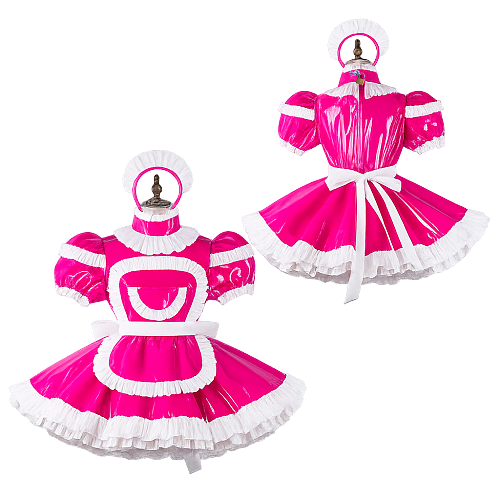Fondcosplay Lockable Sissy Maid Crossdressing Hot Pink Thin PVC Short Dress with White Apron and Headpiece [G4109]