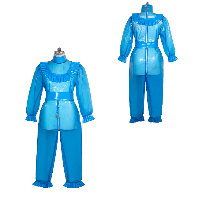 Fondcosplay Lockable Sissy Maid Romper Crossdressing Blue Clear PVC Jumpsuit [G4110]
