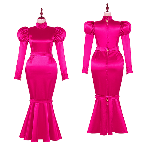 Fondcosplay Lockable Sissy Maid Crossdressing Hot Pink Satin Long Mermaid Dress [G4111]