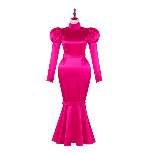 Fondcosplay Lockable Sissy Maid Crossdressing Hot Pink Satin Long Mermaid Dress [G4111]