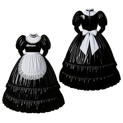 Fondcosplay Lockable Sissy Maid Crossdressing Black Thin PVC Long Dress with White Apron [G4112]
