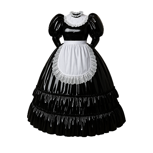 Fondcosplay Lockable Sissy Maid Crossdressing Black Thin PVC Long Dress with White Apron [G4112]