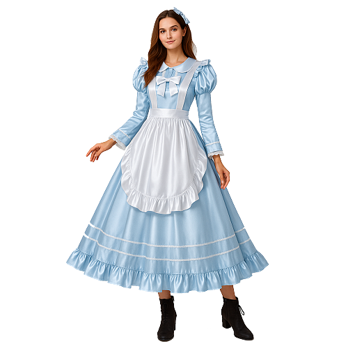 Fondcosplay Lockable Sissy Maid Crossdressing Light Blue Satin Long Apron Dress [G4115]