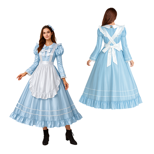 Fondcosplay Lockable Sissy Maid Crossdressing Light Blue Satin Long Apron Dress [G4115]