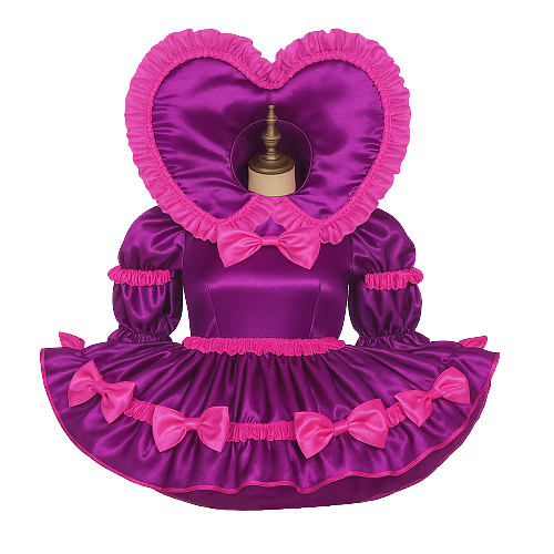 Fondcosplay Lockable Sissy Maid Crossdressing Purple Satin Heart Hood Dress with Optional Panties [G4116]