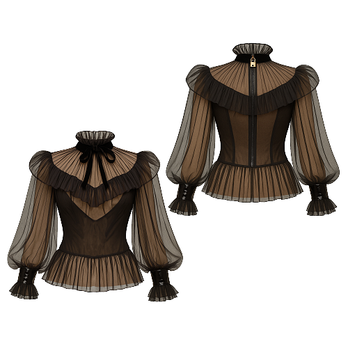 Fondcosplay Lockable Sissy Maid Crossdressing Black Organza Sheer Puff Sleeve Blouse with Bow [G4118]