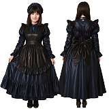 Fondcosplay Lockable Dark Blue Satin Maid Long Dress with Black Apron [G4122]