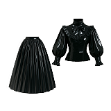 Fondcosplay Lockable Black Thin PVC Blouse and Pleated Long Skirt Set [G4120]