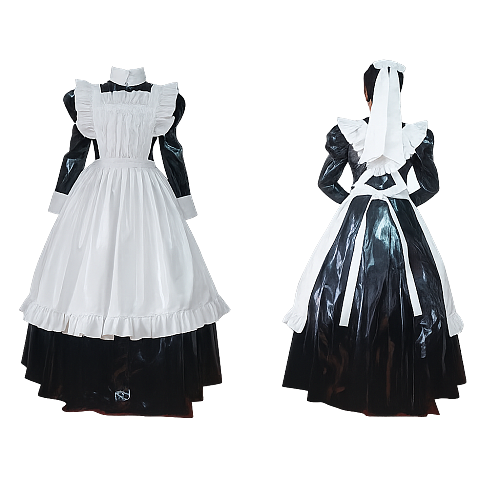 Black and White Thin PVC Lockable Sissy Maid Dress with Apron [CK129]