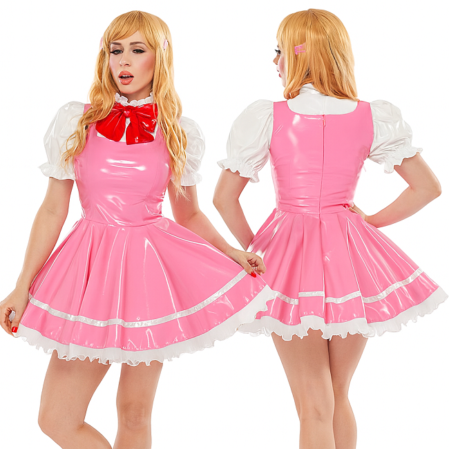 Glossy Pink Cosplay Sissy Maid Dress with Puff Sleeves [CK945]