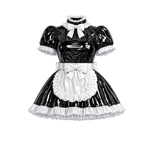 fondcosplay Custom Handmade Lockable Heavy PVC Sissy Maid Dress – Glossy Black & White with Apron [G4133]
