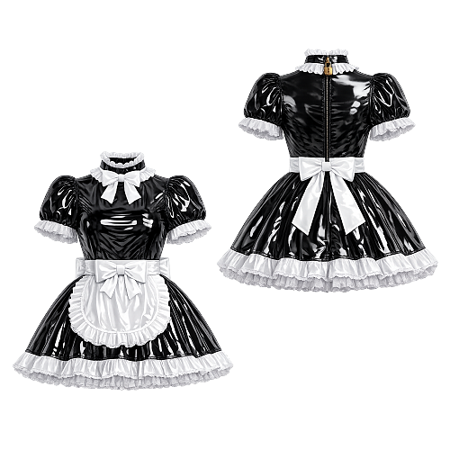 fondcosplay Custom Handmade Lockable Heavy PVC Sissy Maid Dress – Glossy Black & White with Apron [G4133]