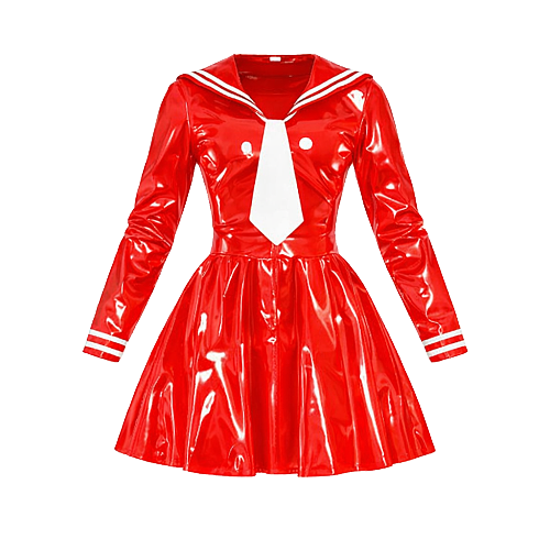 Fondcosplay Crossdressing Red Heavy PVC Sissy Maid Dress School uniforms with Tie – Custom Made [G4134]
