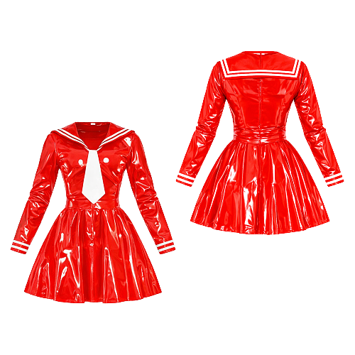 Fondcosplay Crossdressing Red Heavy PVC Sissy Maid Dress School uniforms with Tie – Custom Made [G4134]