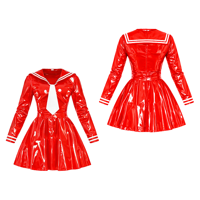 Fondcosplay Crossdressing Red Heavy PVC Sissy Maid Dress School uniforms with Tie – Custom Made [G4134]