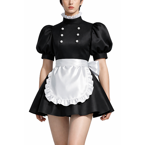 Fondcosplay Custom Black Satin Lockable Sissy Maid Dress Crossdressing Costume [G4137]