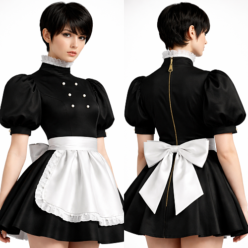 Fondcosplay Custom Black Satin Lockable Sissy Maid Dress Crossdressing Costume [G4137]