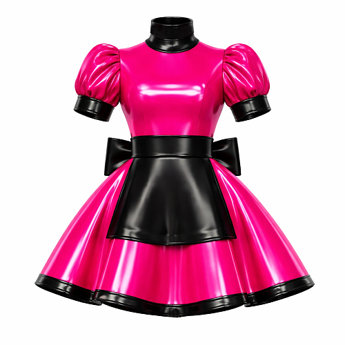 Fondcosplay Custom Hot Pink Thin PVC & Black Leather Lockable Feature Sissy Maid Dress Crossdressing Costume [G4138]