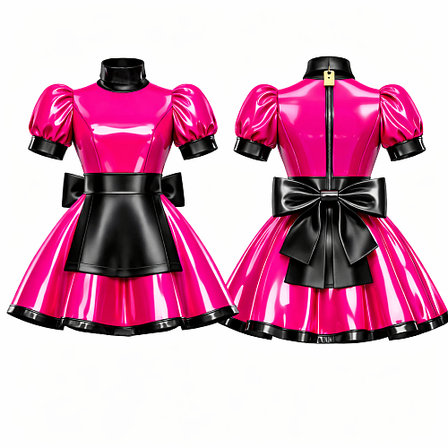 Fondcosplay Custom Hot Pink Thin PVC & Black Leather Lockable Feature Sissy Maid Dress Crossdressing Costume [G4138]