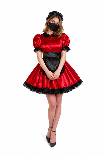 Red Satin Lockable Sissy Maid Dress Costume [G4143]