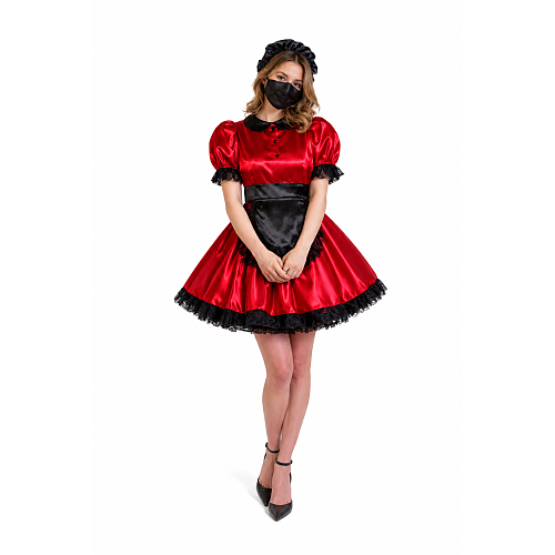 Red Satin Lockable Sissy Maid Dress Costume [G4143]
