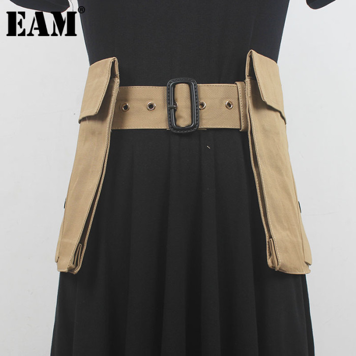 [EAM] Black Kahki Irregular Pocket Wide Long Belt Personality Women New Fashion Tide All-match Spring Autumn 2024 1DH0208
