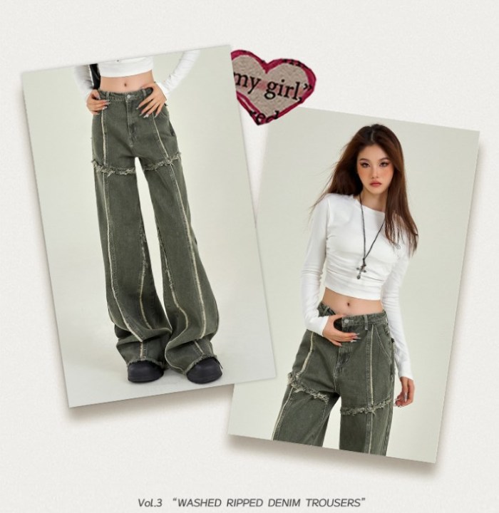 {EAM} Grass green jeans women's fall new raw edge stitching design sense thin wash straight leg pants DLZ029