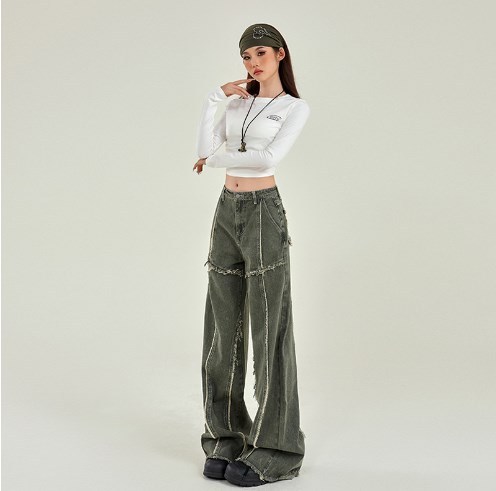 {EAM} Grass green jeans women's fall new raw edge stitching design sense thin wash straight leg pants DLZ029