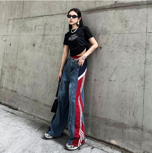 {EAM} Vintage Hong Kong style street color patchwork loose jeans women's summer new high-waisted cuffed design matching pants DLZ032