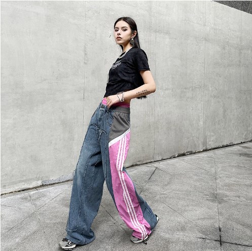 {EAM} Vintage Hong Kong style street color patchwork loose jeans women's summer new high-waisted cuffed design matching pants DLZ032