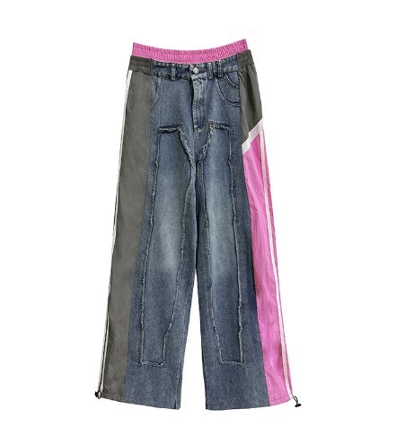 {EAM} Vintage Hong Kong style street color patchwork loose jeans women's summer new high-waisted cuffed design matching pants DLZ032