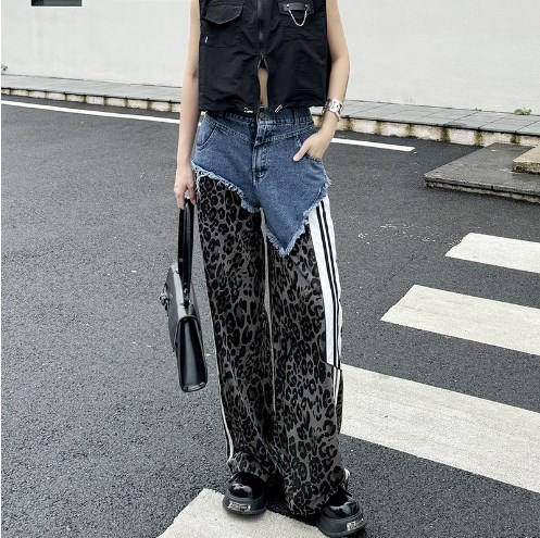 {EAM} Street spice girls in Europe and the United States color splicing leopard print high-waisted jeans summer new loose everything fashion casual pants DLZ030
