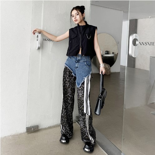 {EAM} Street spice girls in Europe and the United States color splicing leopard print high-waisted jeans summer new loose everything fashion casual pants DLZ030
