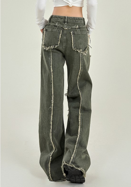 {EAM} Grass green jeans women's fall new raw edge stitching design sense thin wash straight leg pants DLZ029